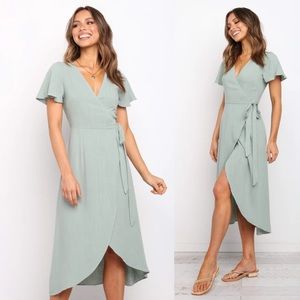 Petal and Pup Sage Green V Neck Flutter Sleeve Wrap Tie Waist Ruffle Hem Dress